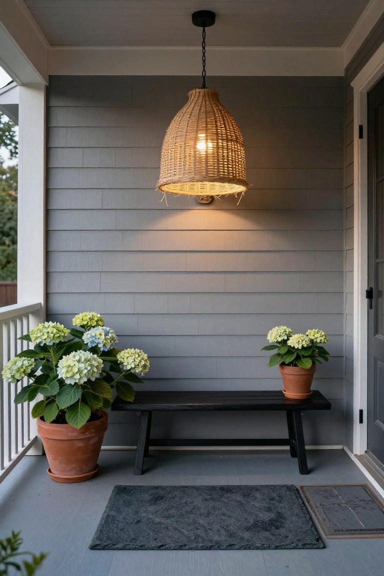 Gray shingled covered porch featuring a hanging woven pendant light centered above a black wooden bench, flanked by two potted white hydrangeas, a black doormat, and a dark front door.