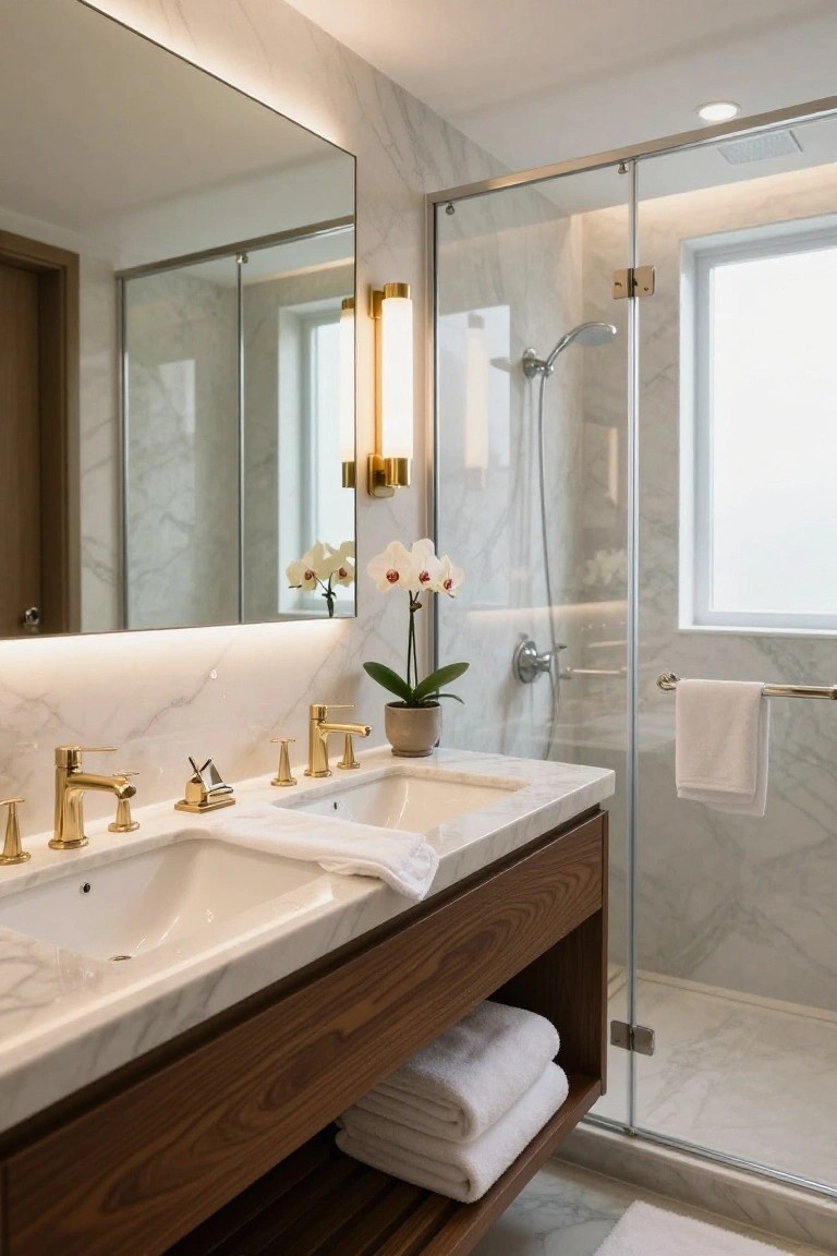 Modern bathroom with backlit rectangular mirror above double white sinks on wooden vanity, gold faucets, potted orchids, glass shower enclosure, white towels, and marble walls and floors.
