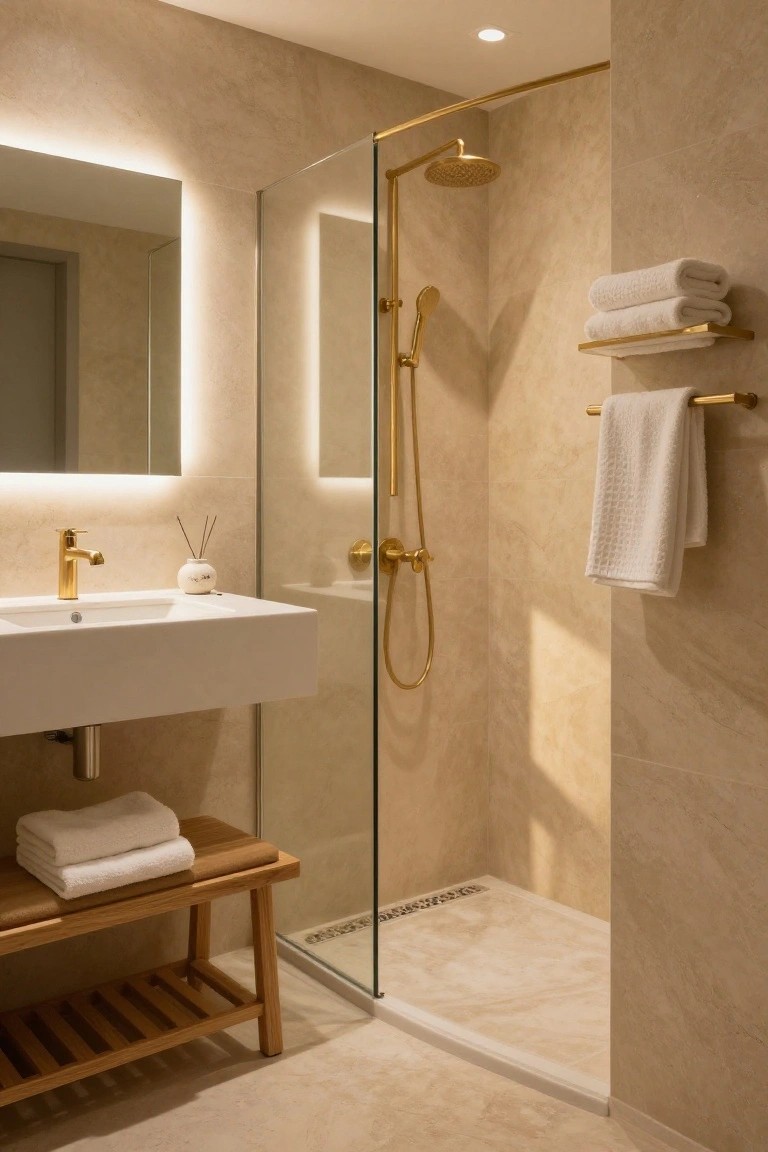 Modern bathroom with backlit rectangular mirror above white wall-mounted sink, gold faucet and shower fixtures in glass enclosure, wooden bench with folded towels, beige stone-look walls and floor.