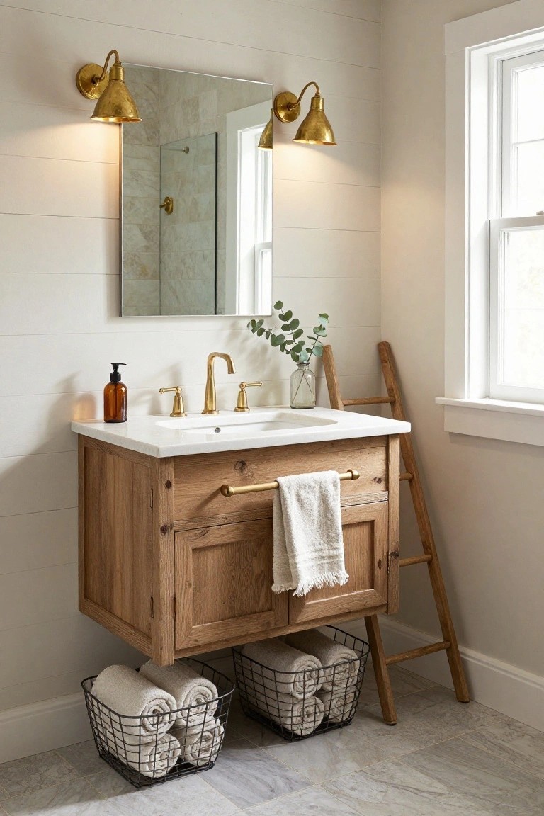 A bathroom with a floating wooden vanity, white sink, gold faucet and handles, two brass sconces flanking a round mirror above, wooden ladder shelf with towels nearby, and white shiplap walls.