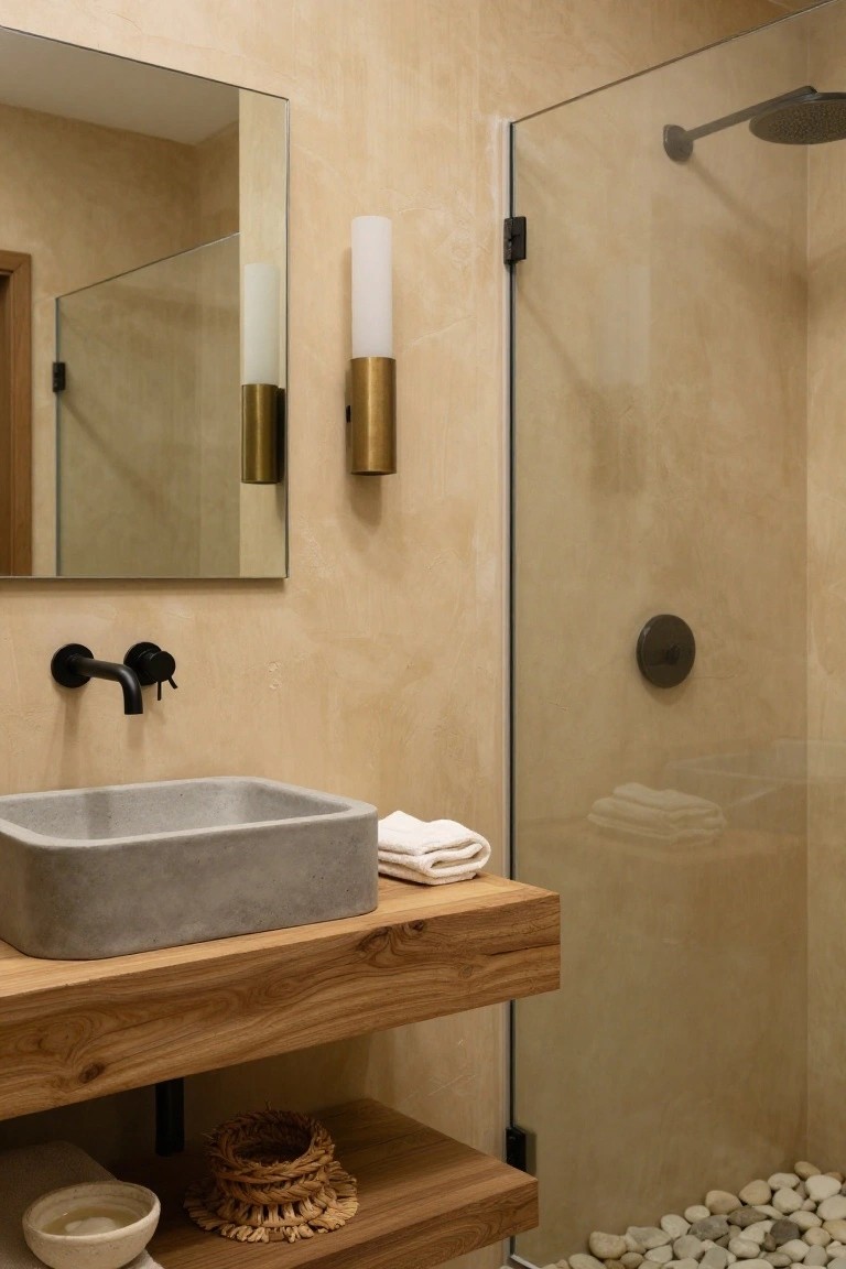 Bathroom interior featuring a gray concrete vessel sink on a wooden floating vanity, glass shower enclosure with pebble floor, mirror, and brass wall sconce with white cylindrical shade mounted on textured beige wall.