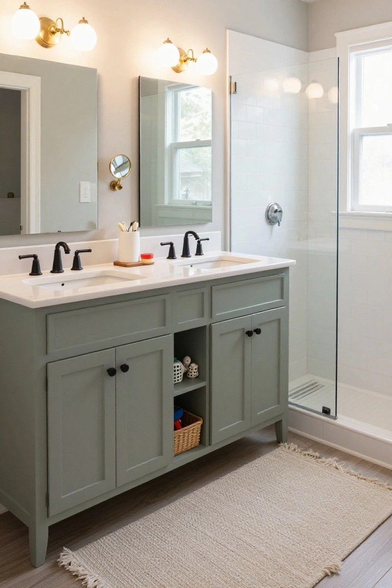 Bathroom with sage green double vanity, two undermount white sinks, matte black faucets, brass sconces with white globe shades flanking a large mirror, and a frameless glass shower enclosure.