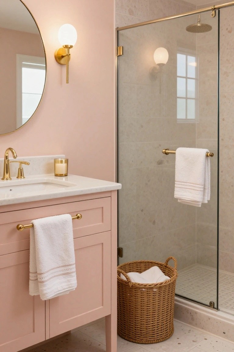 Blush pink bathroom vanity with white marble countertop, gold faucet, round mirror, brass sconces with white globe shades, and adjacent glass shower enclosure with gold showerhead and towel bars.