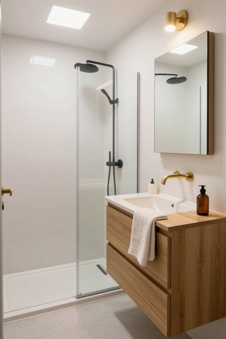 Modern bathroom with white tiled walls, glass shower enclosure, floating wooden vanity, white sink, gold wall sconce beside framed mirror, and brass faucet.