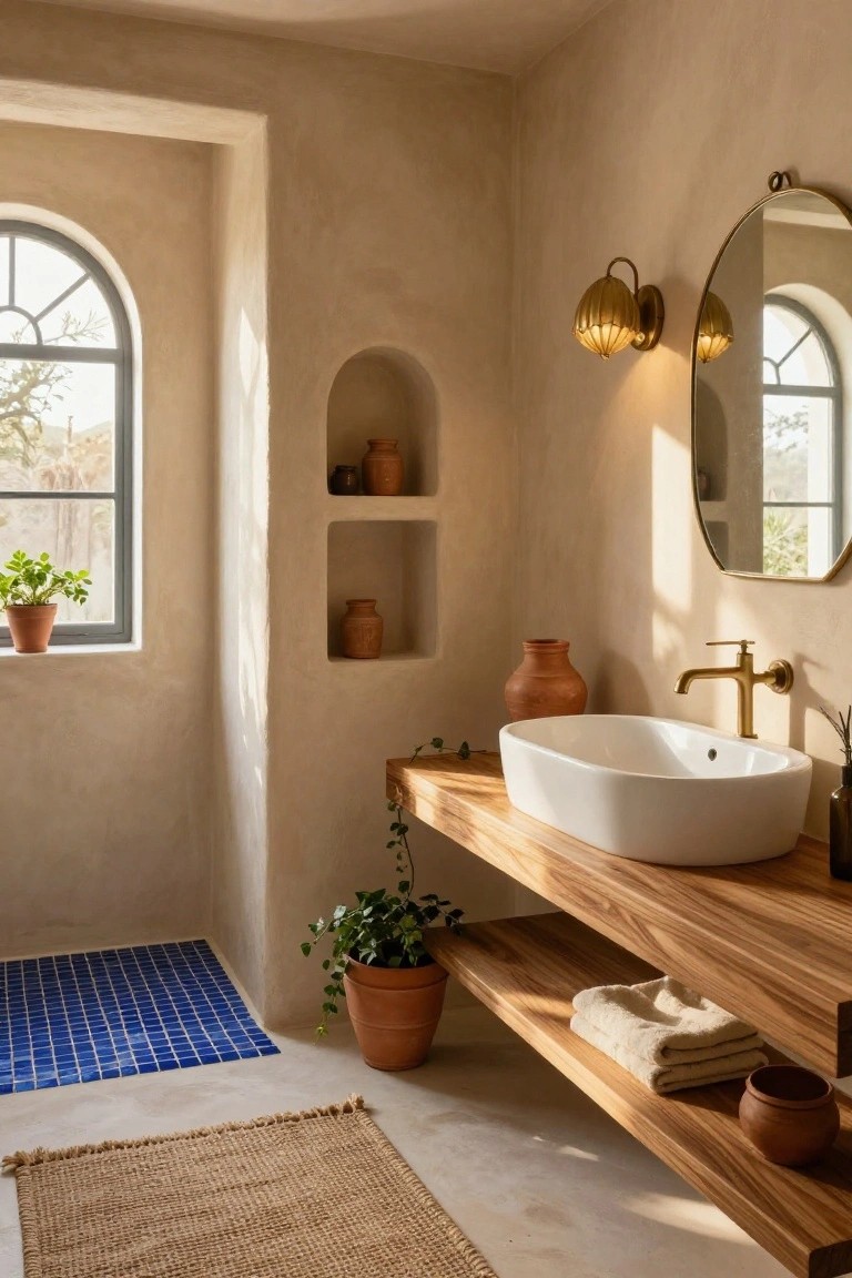 Bathroom interior with beige plastered walls, arched window, wooden floating vanity holding white vessel sink, round brass-framed mirror, brass tulip sconce wall lamp, arched niche with terracotta pots, potted plants, blue tiled shower entrance, and jute rug.