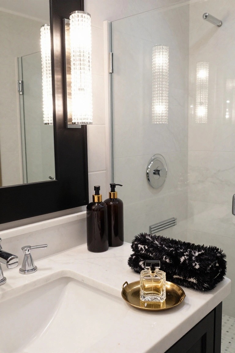 Bathroom vanity area featuring a black-framed mirror flanked by two tall crystal column sconces, a white marble countertop with sink, two amber glass bottles, gold soap dispensers, a gold tray holding a perfume bottle, and a black fluffy towel roll beside a glass shower enclosure.