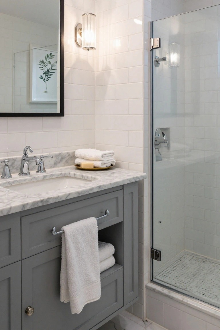 A bathroom with gray shaker-style vanity, white marble sink and countertop, chrome faucet, stacked white towels, glass shower enclosure with subway tile walls, and fluted glass wall sconces.