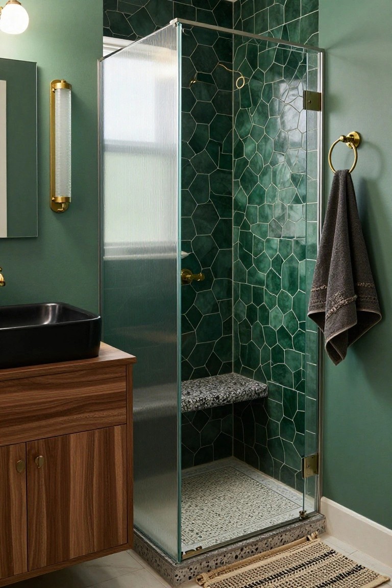 Modern bathroom featuring green hexagonal tile shower with glass door and bench, black vessel sink on wood vanity, brass fixtures, gold glass tube wall sconce beside framed mirror, and ceiling globe light.
