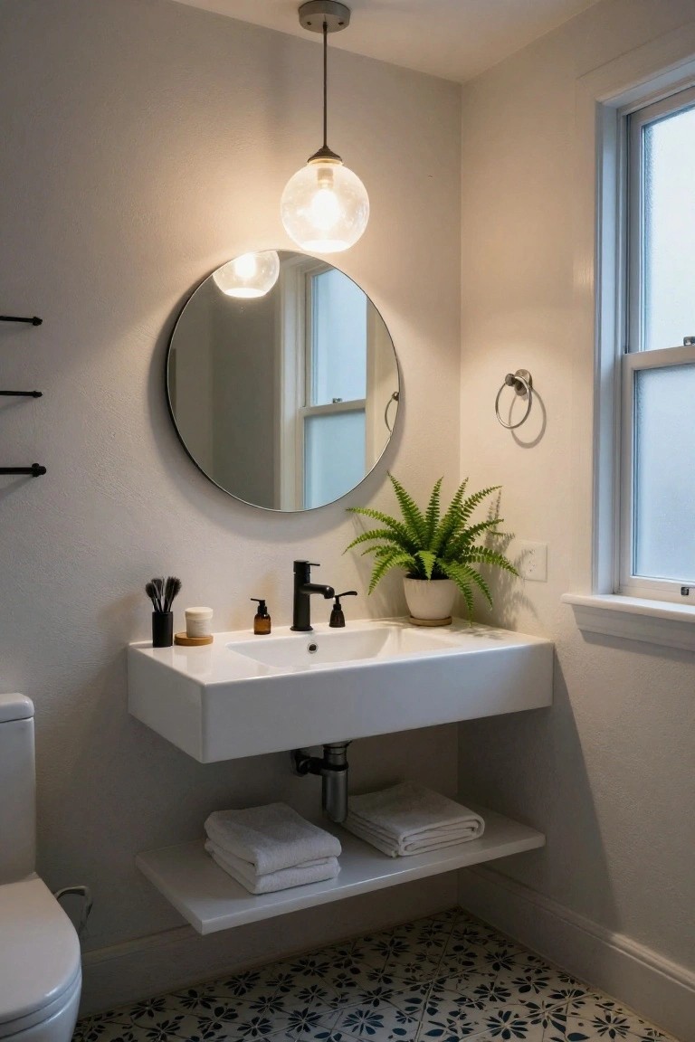 A small bathroom with white floating sink and black faucet, round wall mirror, hanging clear globe pendant light, potted fern plant, folded towels on shelf below sink, white toilet, frosted window, and blue floral-patterned floor tiles.
