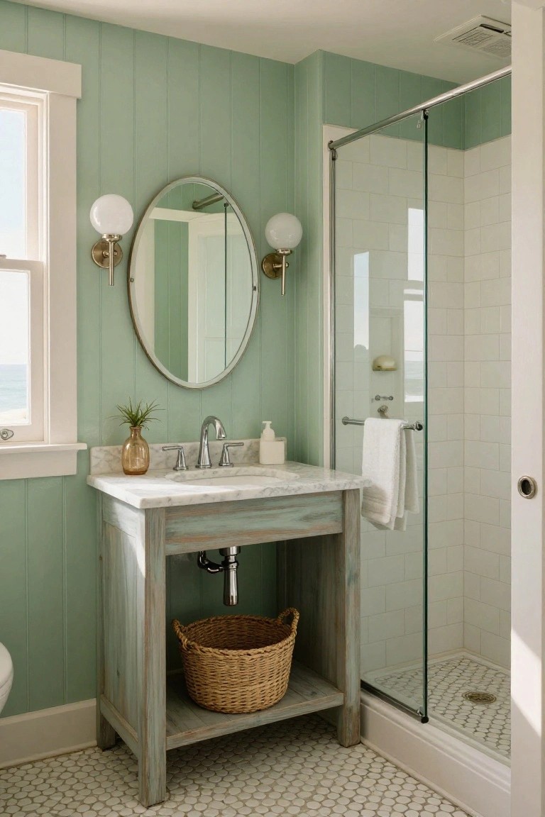 Seafoam green shiplap bathroom with wooden vanity, marble top, oval mirror flanked by white globe wall sconces, glass shower, white subway tile, penny tile floor, potted plant, and window with ocean view.