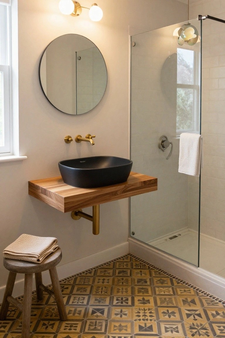 A bathroom interior with a black vessel sink on a floating wooden shelf, brass wall-mounted faucet, round black-framed mirror, glass shower enclosure, wooden stool with towels, and white globe sconces on gold arms.