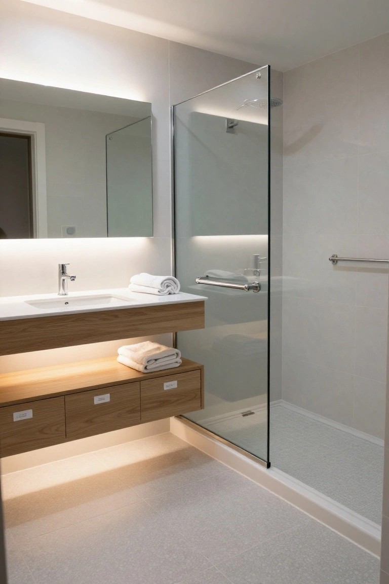 Modern bathroom with floating oak vanity featuring underlighting, wall-mounted faucet over white sink, folded white towels, glass shower enclosure with overhead showerhead, and LED strips along mirror and cabinet edges.