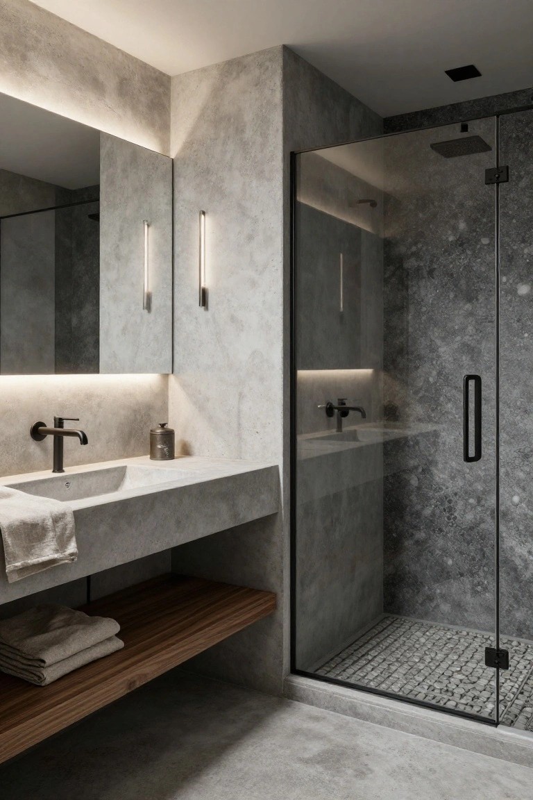 Modern bathroom with textured gray concrete walls and floor, floating white sink with black faucet, glass shower enclosure with pebble floor, wooden towel shelf, and slim vertical LED light strips beside the mirror.