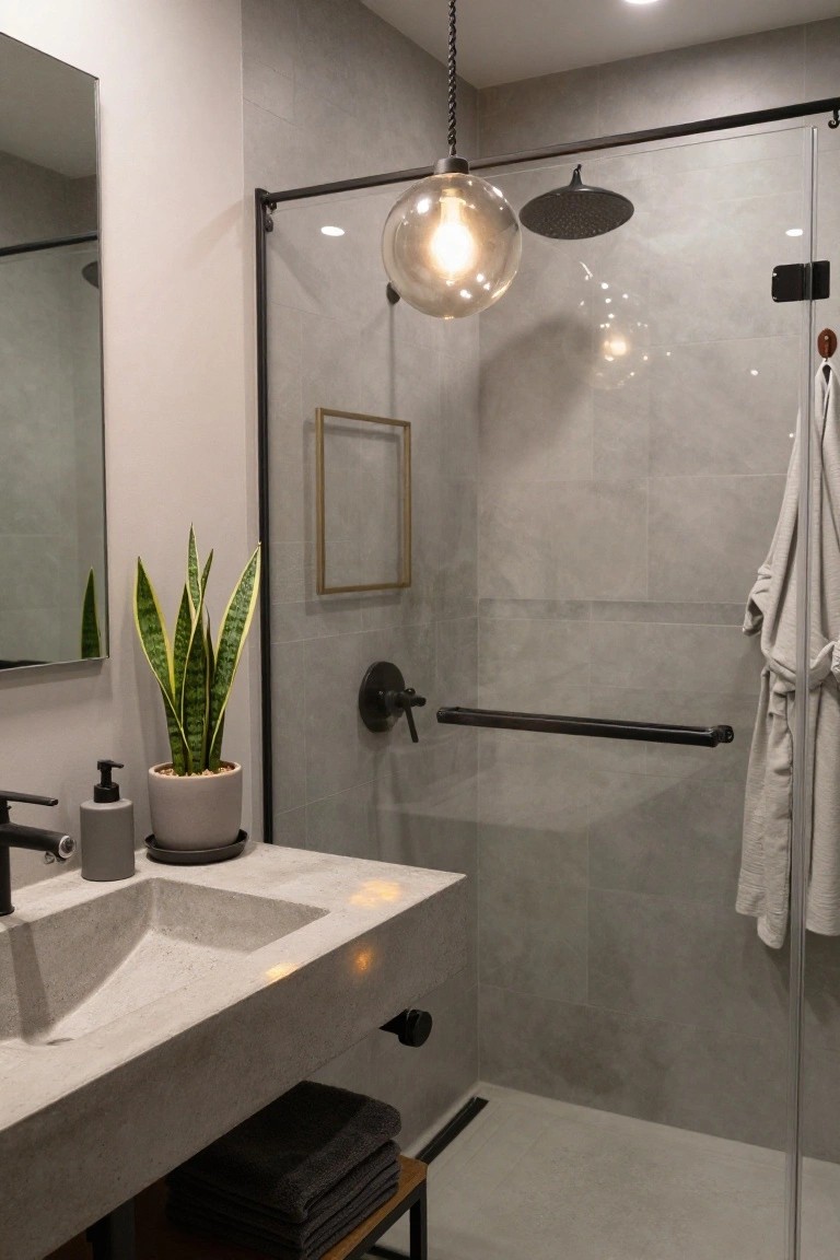 Bathroom with gray tile shower enclosure, black-framed glass door, hanging glass globe pendant light with exposed bulb, concrete floating vanity, snake plant, and folded towels on wood shelf.