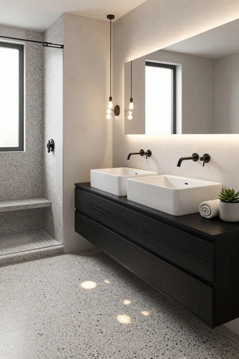 Modern bathroom with floating black wood vanity under two white rectangular sinks, two hanging pendant lights with exposed bulbs above the sinks, backlit mirror edge, pebble shower enclosure, and terrazzo tile floor.