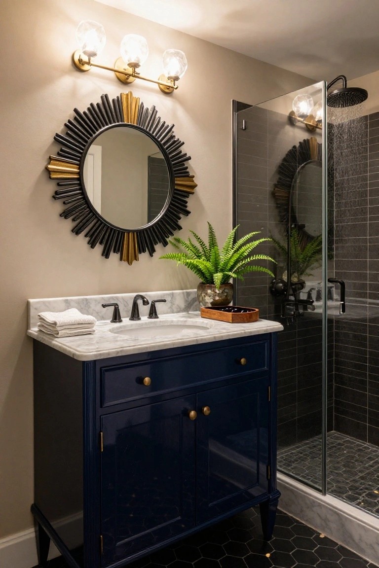 Bathroom with navy lacquered vanity on marble countertop, large black and gold sunburst mirror, brass three-light wall sconce with globe bulbs, potted fern, wooden tray, and glass-enclosed shower with black subway tiles and hex floor tiles.