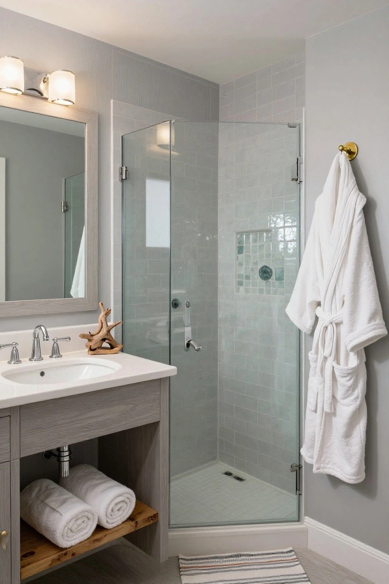 Compact bathroom with light gray subway tile shower enclosure, wood vanity holding sink and driftwood, stacked white towels on lower shelf, white robe on gold hook, and paired white-shade wall sconces above mirror.