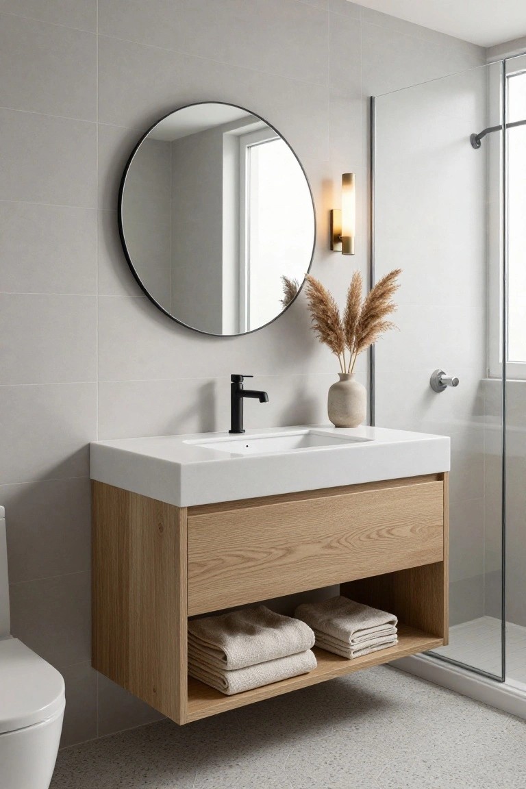 Modern floating oak vanity with round mirror, black faucet, and beige towels.