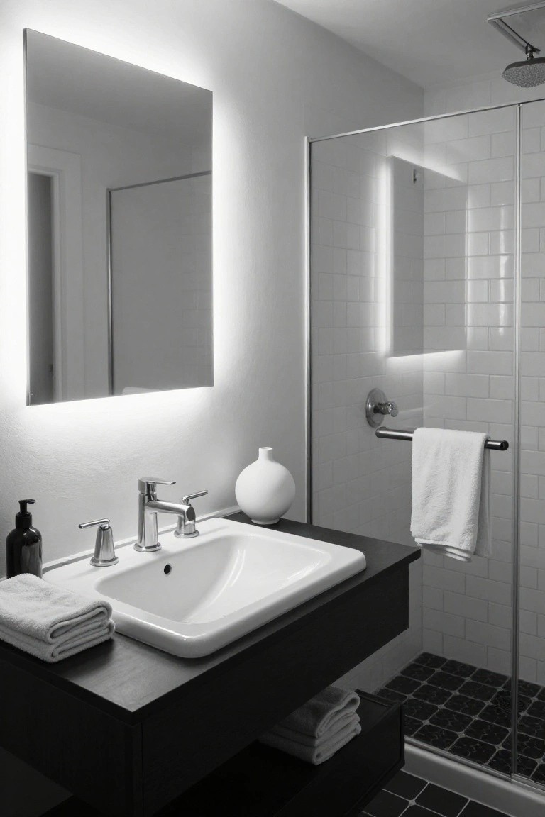 Black and white photo of a modern bathroom featuring a rectangular backlit mirror above a white sink on a black vanity, with a glass shower enclosure, towels on racks, and a vase nearby.