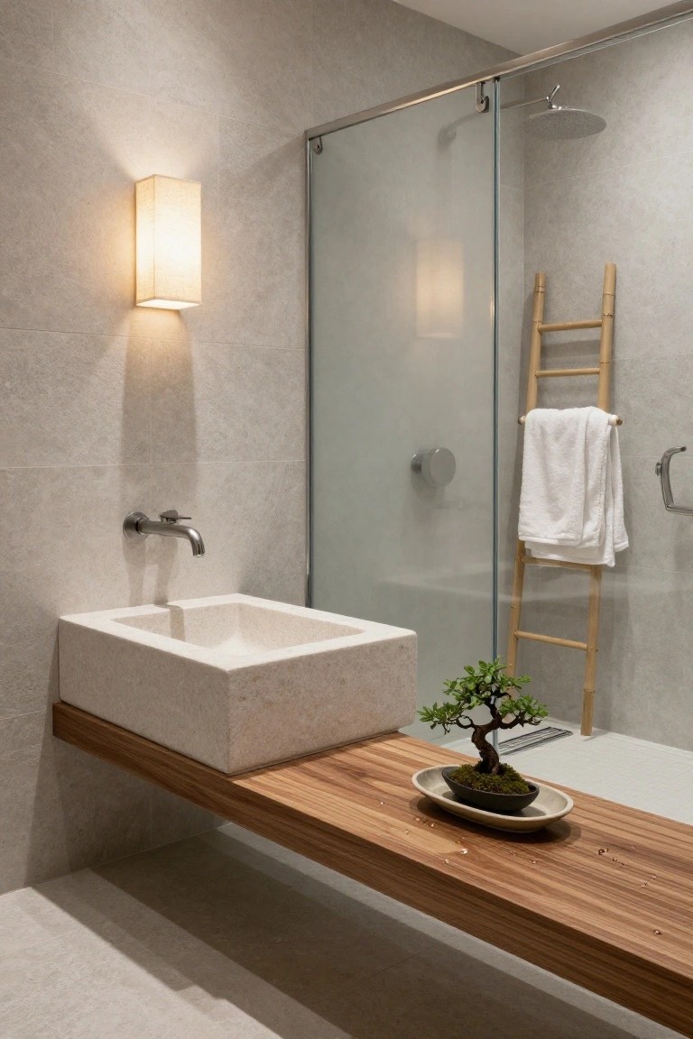 Modern bathroom interior with light gray tile walls, floating wooden vanity and white stone sink, bonsai plant on shelf, glass shower enclosure, bamboo towel ladder, and tall white fabric-shaded wall sconce.