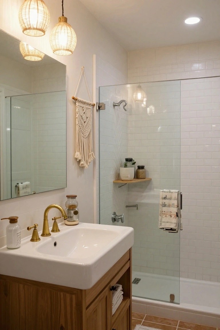 A small bathroom with white subway tile shower enclosure, wooden vanity and sink with gold faucets, two beige woven pendant lights hanging above, macrame wall hanging, plants on shelves, and recessed ceiling light.