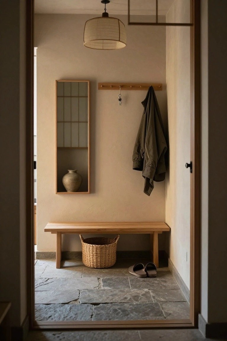 Japanese-style entryway with wooden bench, coat rack, woven basket, and stone floor.