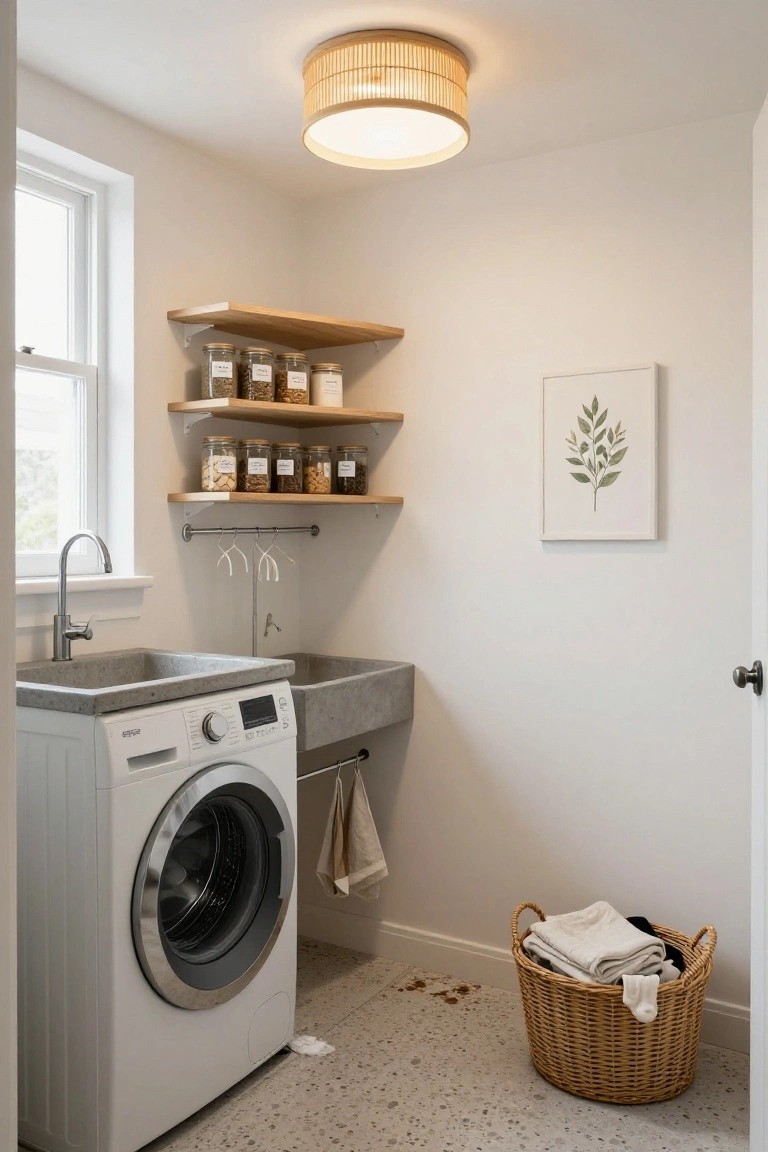 White laundry room with concrete sink, front-loading washer, wooden wall shelves holding glass jars, bamboo ceiling pendant light, leaf artwork on wall, hanging towel rod, and wicker basket of laundry on speckled floor.