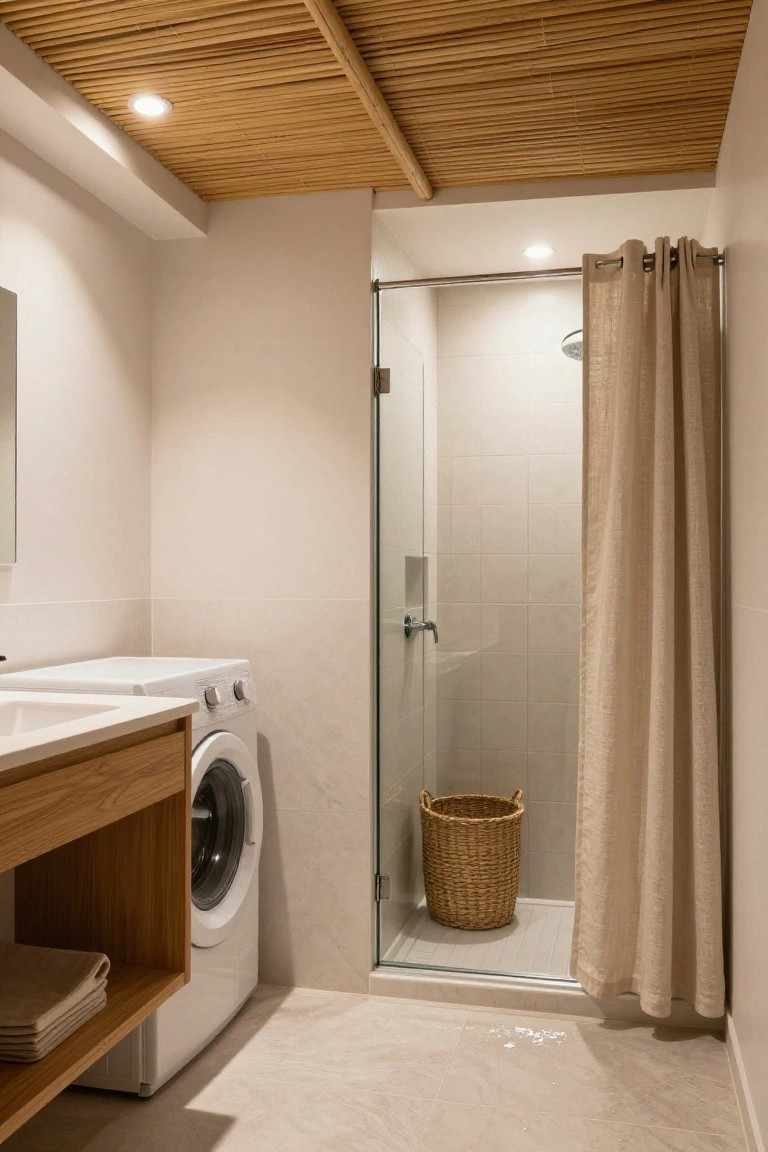 Compact bathroom with bamboo slat ceiling and recessed downlights, glass shower enclosure with linen curtain, wooden vanity, white washer, and tiled floors.