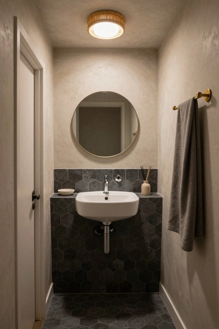 Compact indoor powder room featuring beige textured walls, black hexagonal tiles on the floor and around a white wall-mounted sink, round gold-framed mirror, gold towel rail with gray towel, reed diffuser, and a round woven bamboo ceiling light fixture emitting warm light.