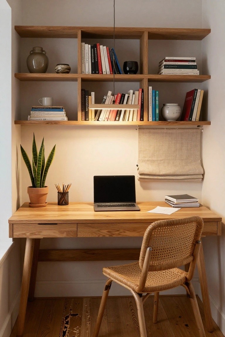Small indoor workspace nook featuring oak floating shelves with integrated warm overhead lighting above a wooden desk holding a laptop, notebooks, and pencil holder, flanked by a potted snake plant and rattan chair on a hardwood floor.