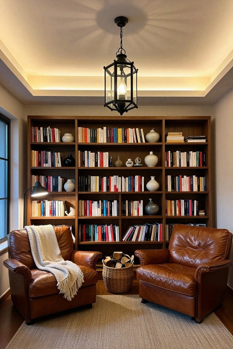 Wood-paneled reading room with floor-to-ceiling bookshelves filled with books and ceramics, two tan leather armchairs with a throw blanket on one, a black metal lantern pendant light, recessed cove lighting along the ceiling perimeter, a floor lamp, and a woven basket with firewood.