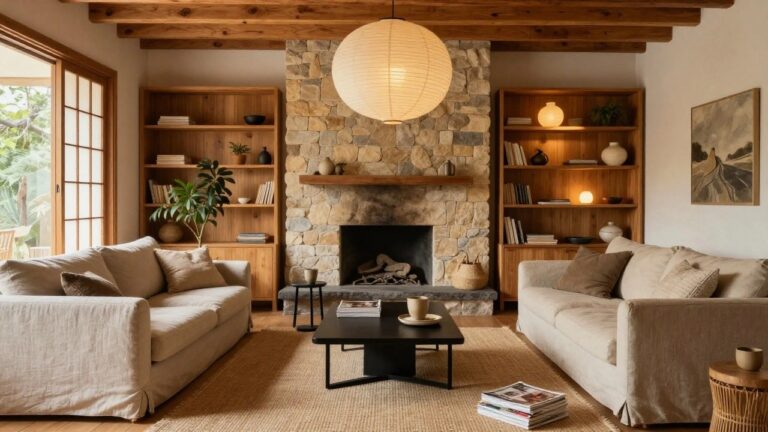 Living room with light beige sofa, black low coffee table, stacked magazines on floor, seagrass rug, tall potted plant, stone fireplace, and cluster of white paper lantern pendant lights hanging from wooden beam ceiling.