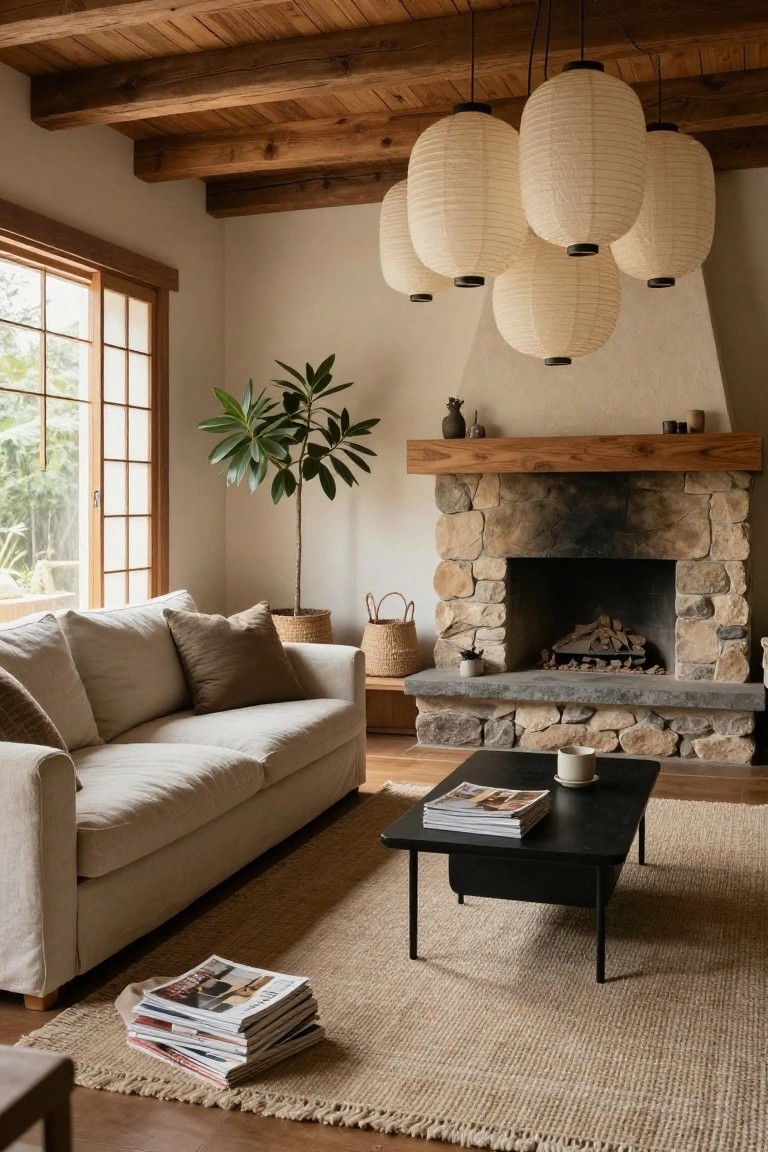 Living room with light beige sofa, black low coffee table, stacked magazines on floor, seagrass rug, tall potted plant, stone fireplace, and cluster of white paper lantern pendant lights hanging from wooden beam ceiling.