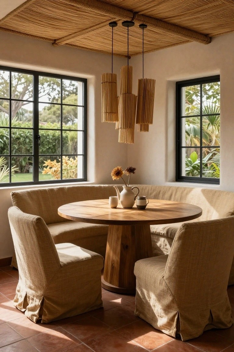 Interior dining nook with curved beige banquette seating and two chairs around a round wooden pedestal table, under three tall layered bamboo pendant lights hanging from a thatched ceiling, large black-framed windows showing garden outside, white walls, and terracotta tile floor.