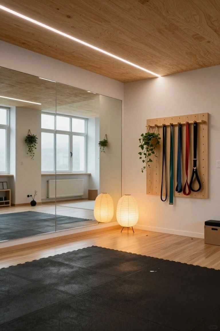 Indoor gym or yoga room with light wooden plank ceiling featuring recessed linear LED strip lighting, full-wall mirror reflecting windows and plants, pegboard wall holding colorful resistance bands, black rubber floor mats, two paper lanterns, and a wooden bench.