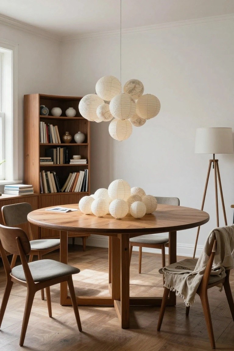 Dining room with a cluster of white paper lanterns hanging over a round wooden table, gray upholstered chairs, wooden bookshelves filled with books and ceramics, a tripod floor lamp, and white walls.