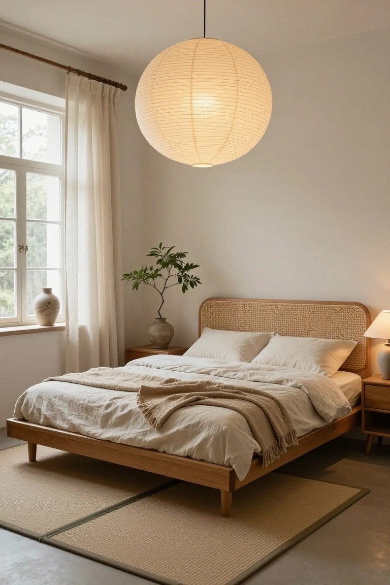 Minimalist bedroom with wooden bed, woven headboard, round paper lantern, and soft linens.