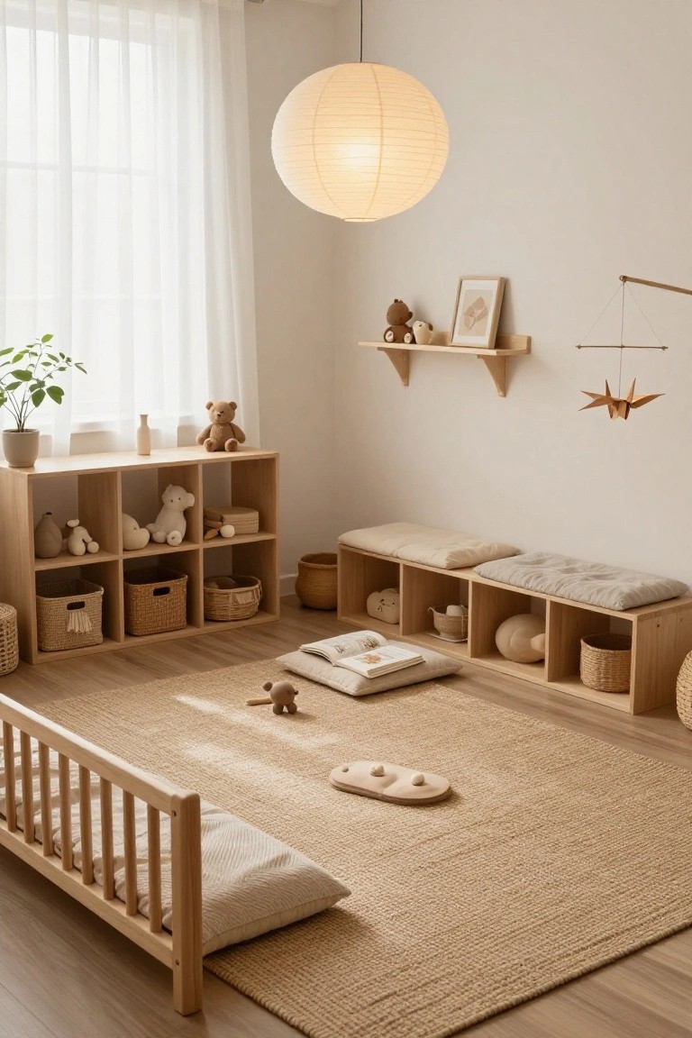 A Japandi nursery room with light wood floors, wooden crib and shelves filled with toys and baskets, beige cushions and rug, plants, and a large white paper lantern pendant light hanging from the ceiling.