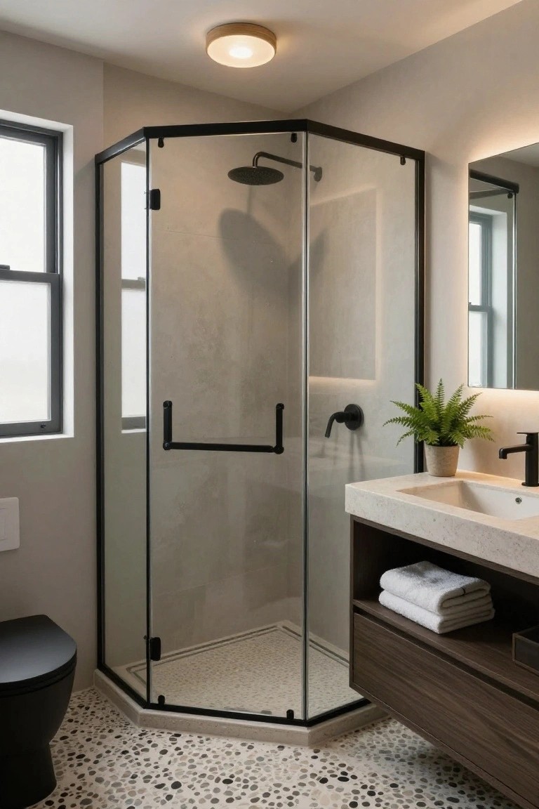 Corner bathroom with black-framed glass shower enclosure, black rain showerhead and toilet, floating wooden vanity with white towels and potted fern, pebble tile floor, and round wooden flush-mount ceiling light.