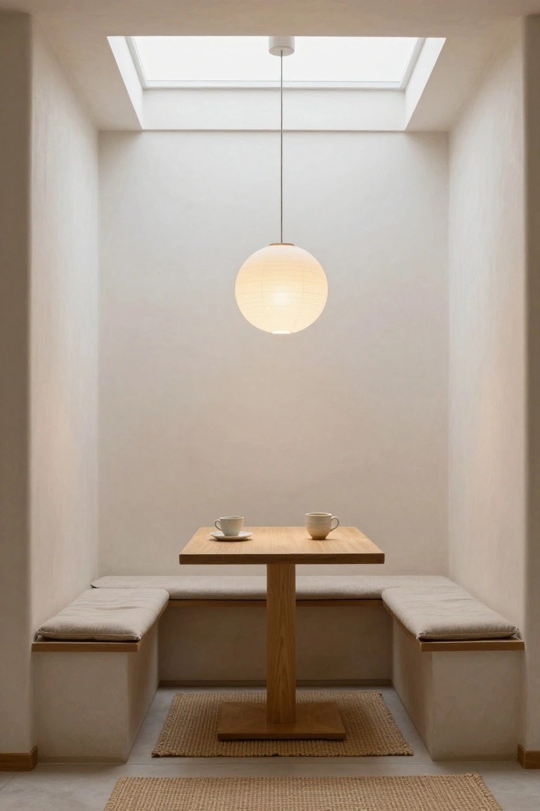 Minimalist indoor booth with light oak table and benches, two ceramic cups on the table, beige cushions on seats, white paper lantern pendant light hanging from ceiling below a skylight, neutral walls, and beige seagrass rug on floor.