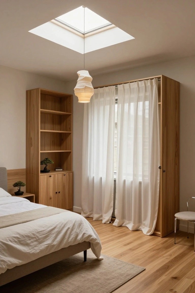A bedroom interior with a white wavy pendant lamp hanging from the ceiling, wooden tall bookshelf with plants, bed with white bedding, sheer curtains on built-in wardrobe doors, skylight overhead, and oak wood flooring.