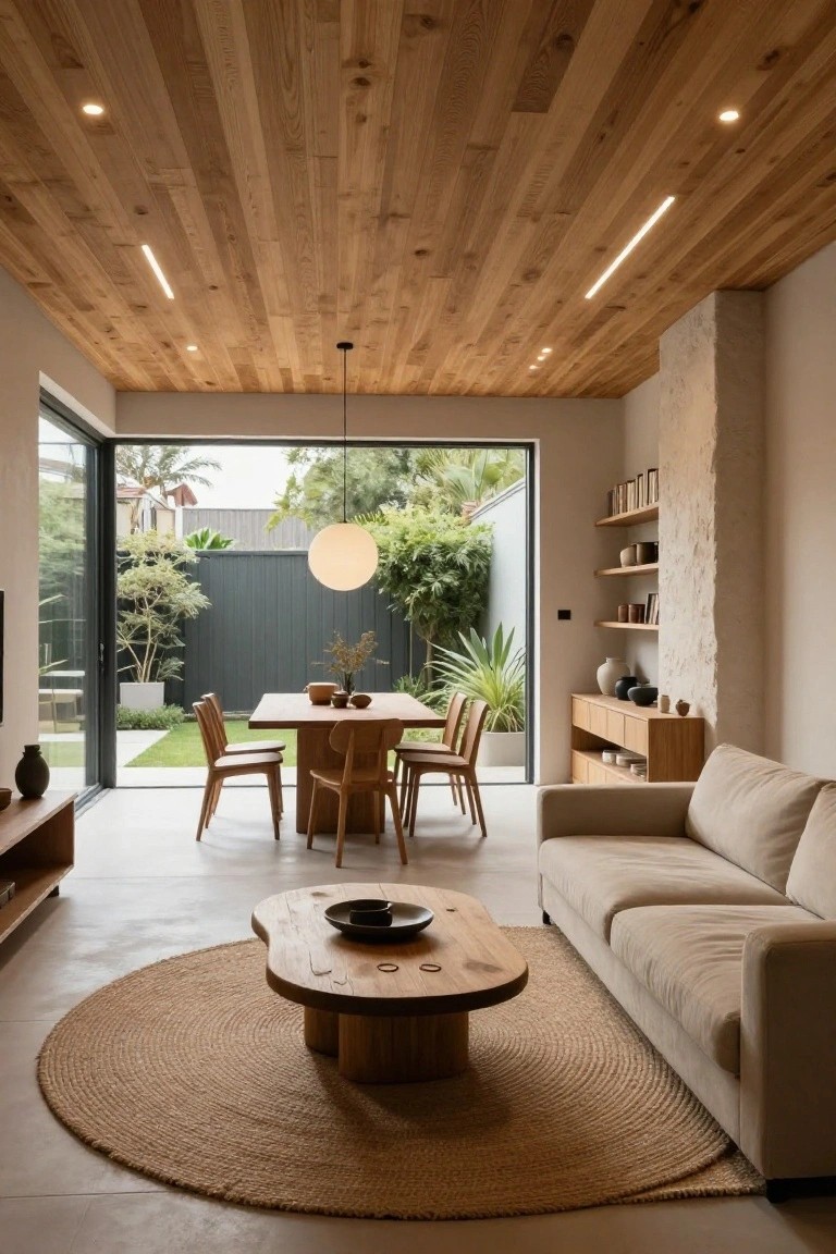 Interior of a Japandi-style living-dining room with wooden plank ceiling featuring recessed downlights, linear LED strip lighting, wooden dining table with chairs, beige sofa, sideboard, and sliding glass doors opening to a garden courtyard.