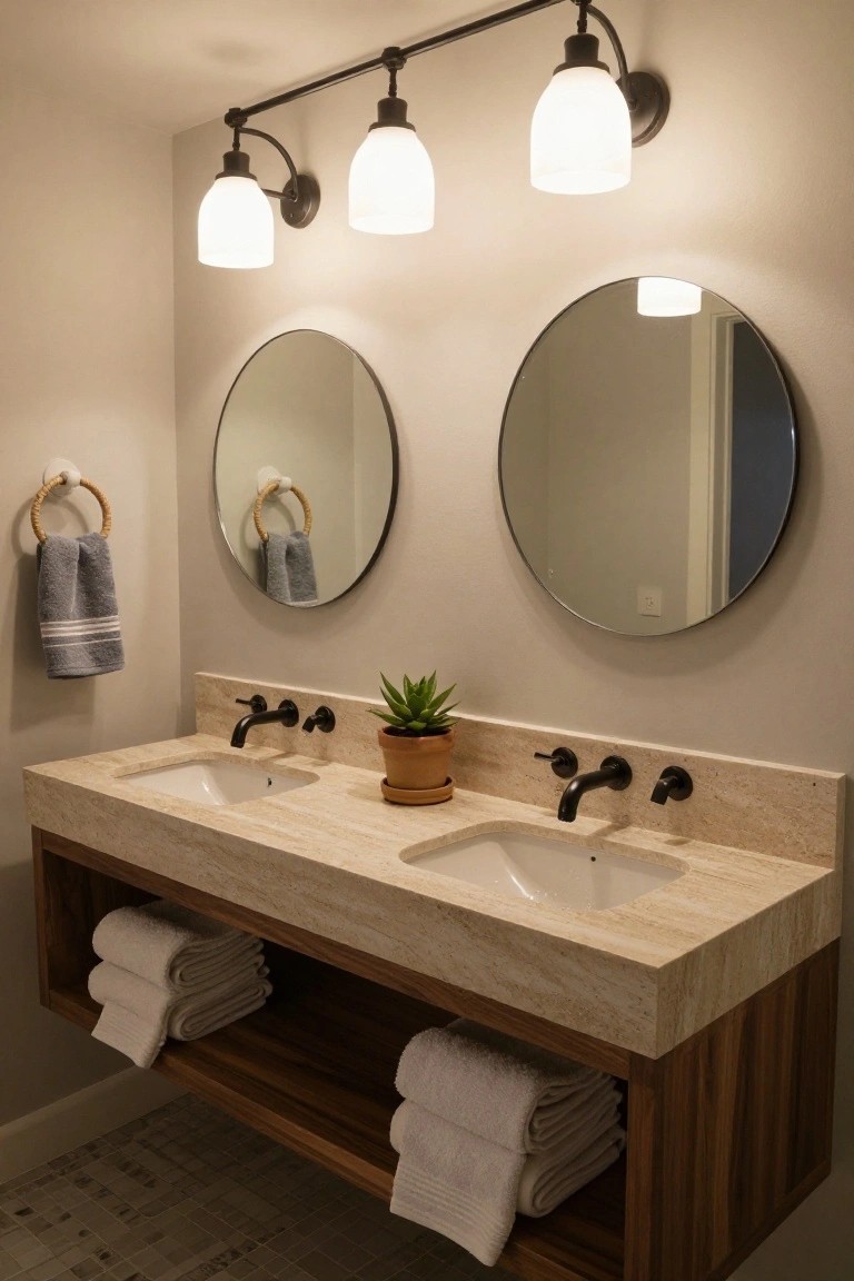 Bathroom vanity with light beige stone countertop and double white undermount sinks, matte black wall-mounted faucets, floating walnut wood cabinet storing white towels, two round black-rimmed mirrors, three-light black linear sconce with white frosted globe shades above, blue-gray towel on seagrass ring to the side, potted succulent plant, and light gray walls.