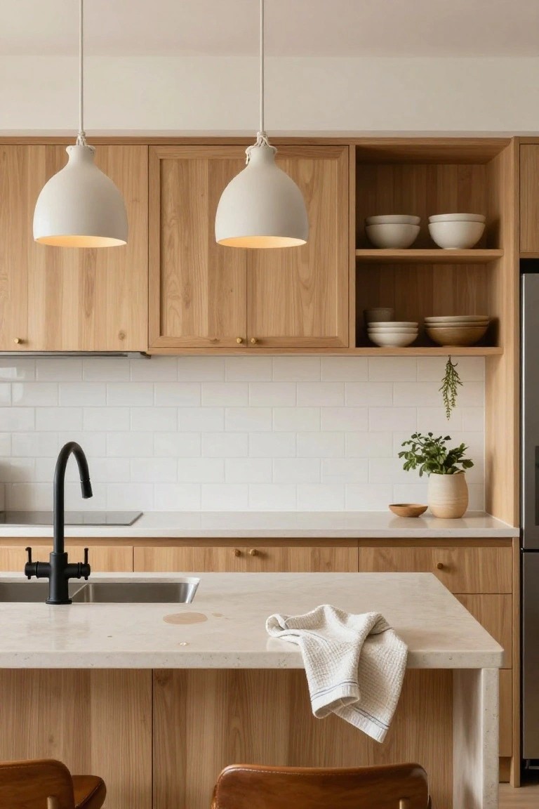 Kitchen with light oak cabinets and island, white subway tile backsplash, black gooseneck faucet at sink, two white pendant lights hanging above, open shelves holding white bowls, potted plant, dish towel on counter, and wooden stools at island end.