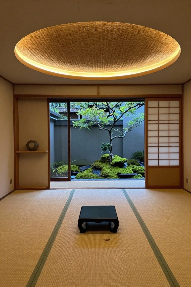 Japanese-style interior room with circular woven bamboo ceiling featuring edge lighting, tatami mat flooring, low black table, shelf with pottery, and sliding doors open to small garden with mossy rocks and bonsai tree.