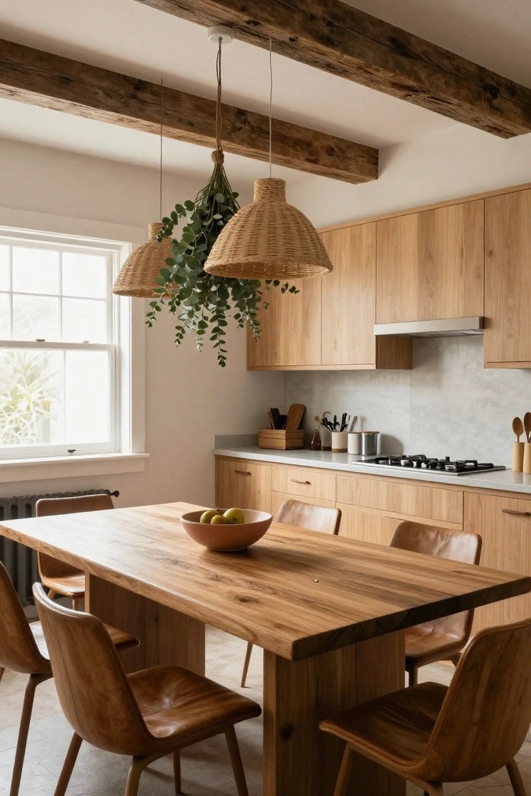 Kitchen with light oak cabinets, white countertops, gas cooktop, wooden dining table with tan leather chairs, two woven pendant lights draped with eucalyptus plants hanging from exposed wooden beams, and a window with natural light.