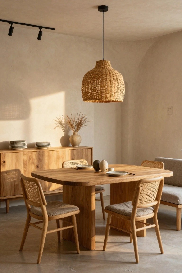 A Japandi-style dining room with an oval wooden table, rattan-backed chairs, wooden sideboard holding stacked plates and a vase of dried grass, large woven rattan pendant light centered above the table, black track spotlights on the ceiling, and curved beige plaster walls.