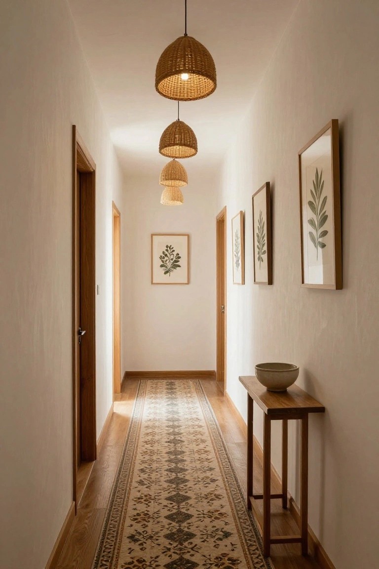 Narrow interior hallway with white walls, wooden doors and trim, three woven rattan dome pendant lights hanging from the ceiling, botanical prints in wooden frames on the walls, a wooden console table holding a ceramic bowl, and a patterned runner rug on light wood floors.