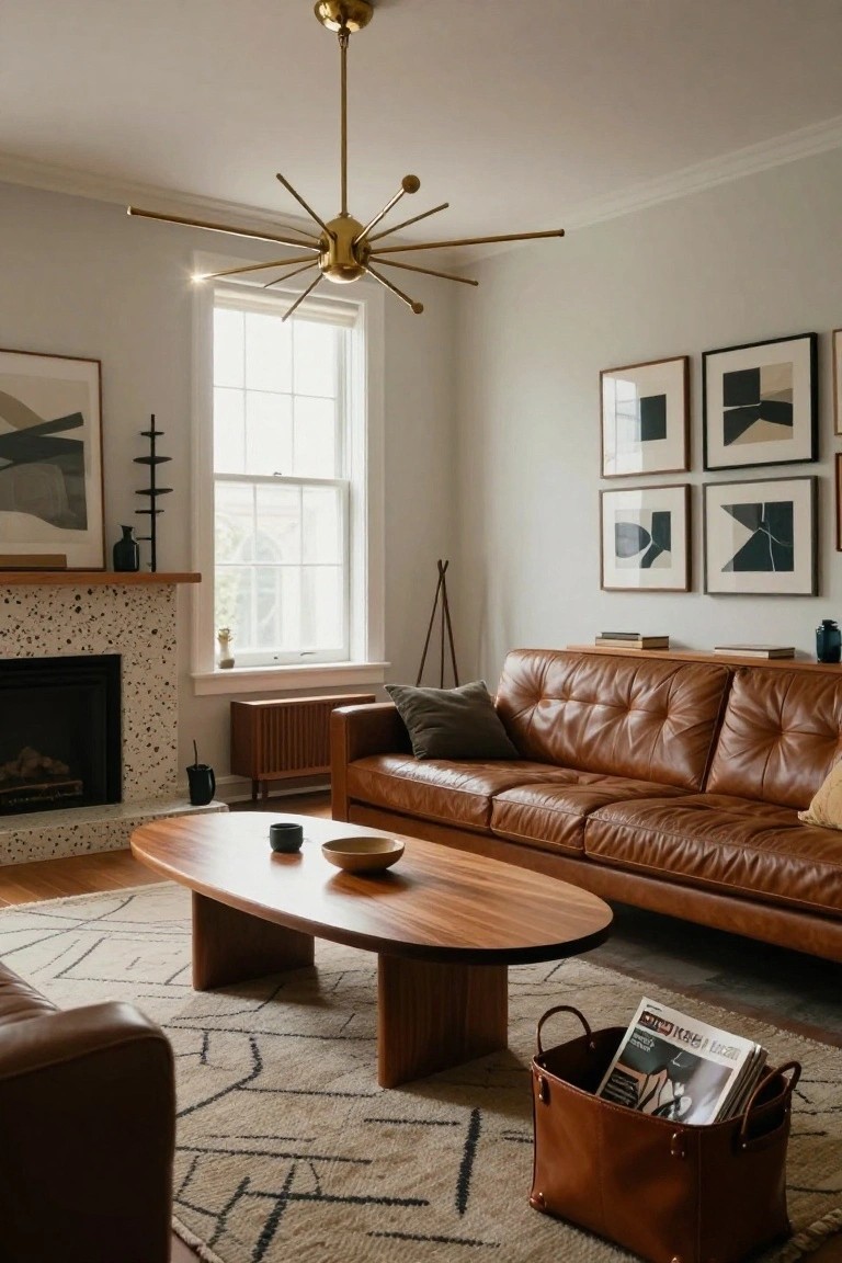 Living room with brass starburst chandelier over tan leather sofa, oval wooden coffee table, terrazzo fireplace, neutral walls, and abstract artwork.