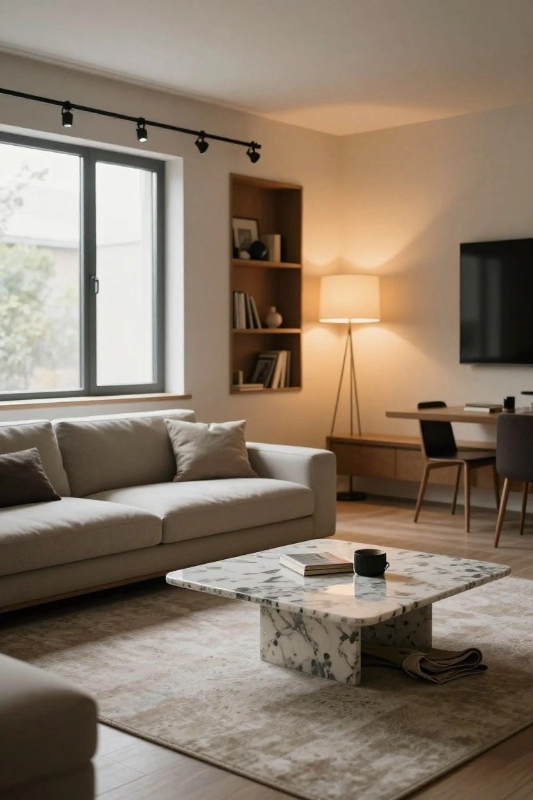 Modern living room with track lighting rail on ceiling above beige sofa, marble coffee table, large window, wooden desk, floor lamp, and built-in shelves.